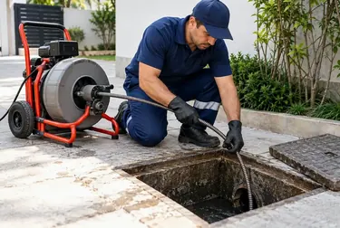 Profissionais desentupindo esgoto em área externa.