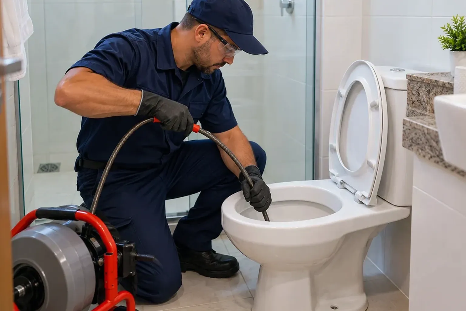 Profissionais desentupindo vaso sanitário em ambiente residencial.