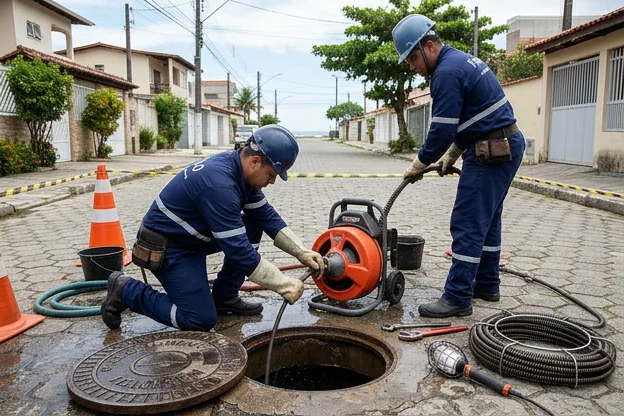 Profissionais em atendimento emergencial de desentupimento em noite.