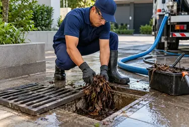 Profissionais realizando desentupimento de rede pluvial em área urbana.