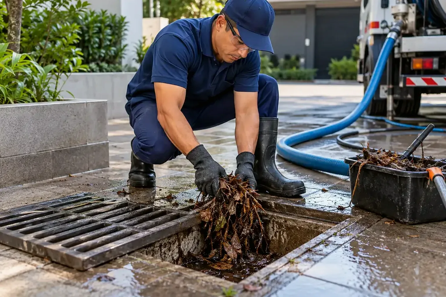 Profissionais realizando desentupimento de rede pluvial em área urbana.