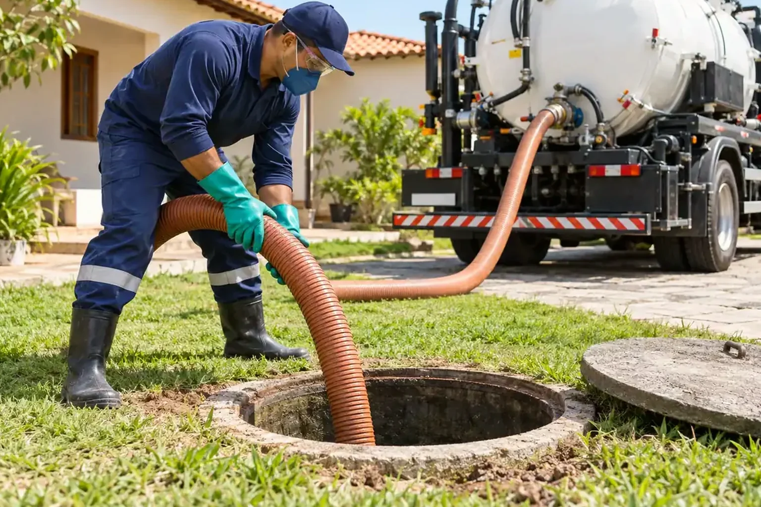 Profissionais realizando limpeza de fossa séptica em ambiente residencial.