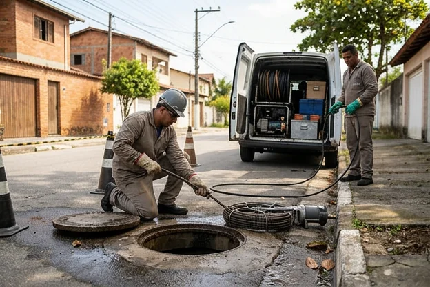 Profissionais realizando manutenção em tubulações para evitar entupimentos.